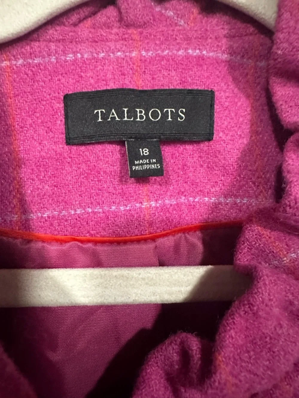 Talbots Wool Jacket Blazer size 18 Pink Plaid Button Up Peplum Ruffle Trim